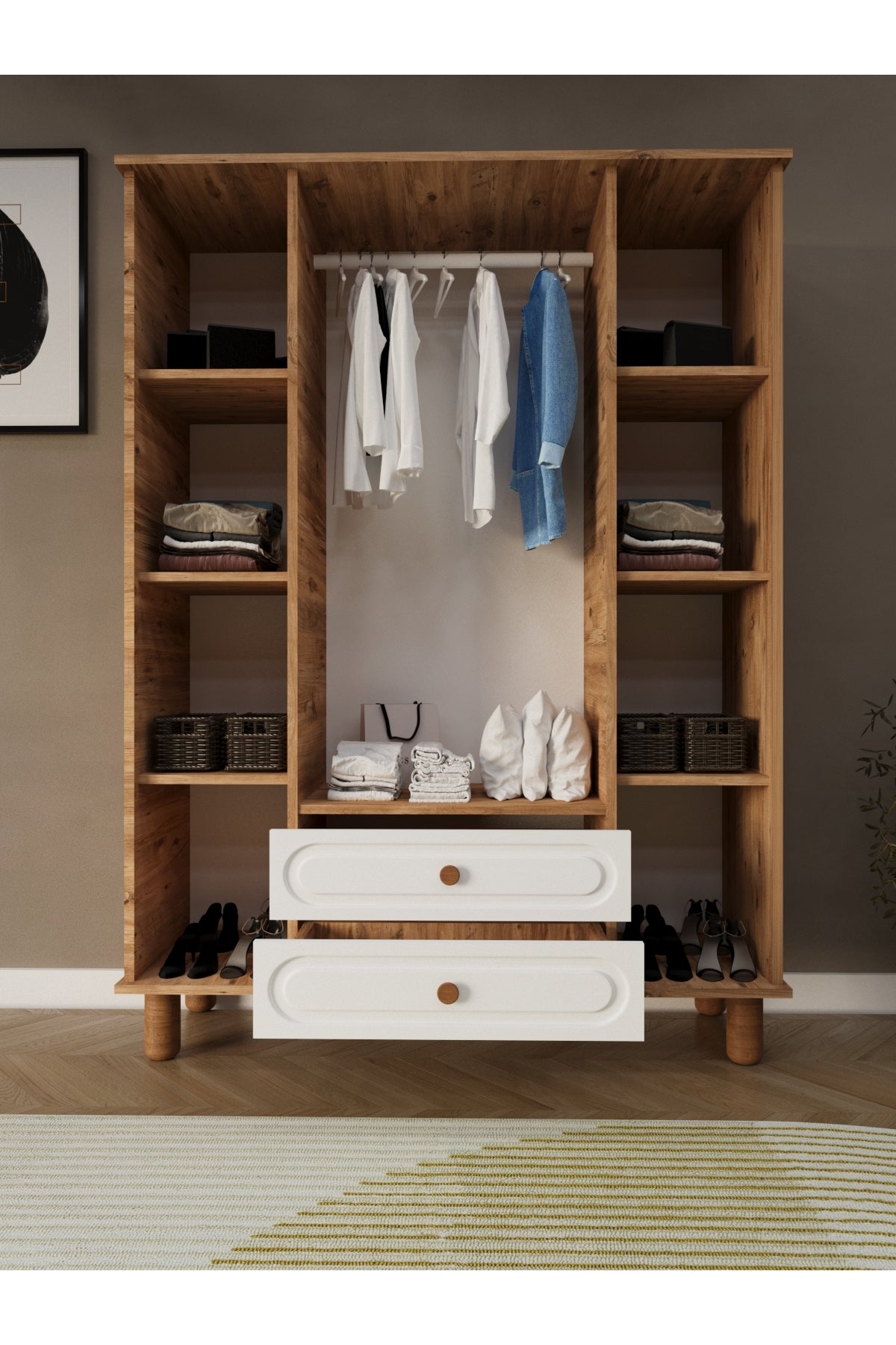 Umon Design Bohem 4 Kapaklı 2 Çekmeceli Askılı Gardırop Geniş Elbise Dolabı MDF KAPAK - Çam Beyaz