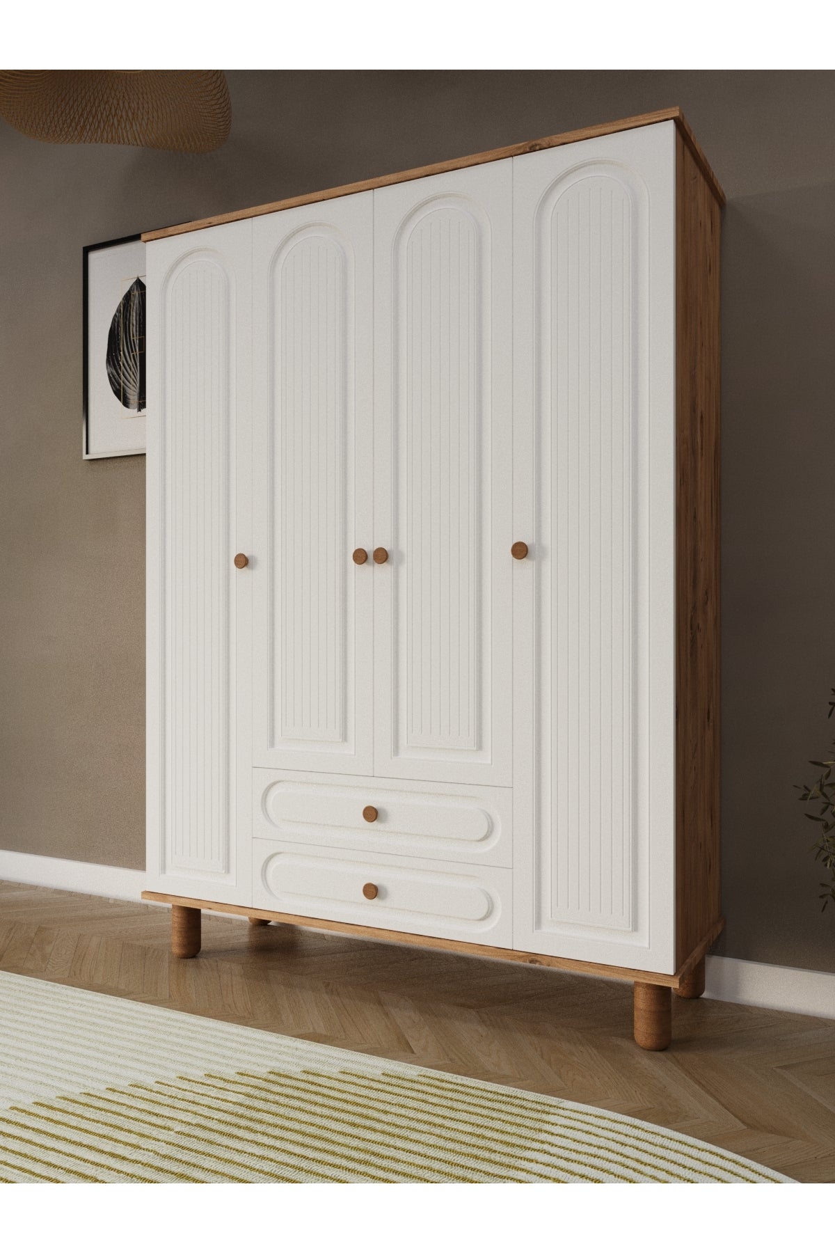 Umon Design Bohem 4 Kapaklı 2 Çekmeceli Askılı Gardırop Geniş Elbise Dolabı MDF KAPAK - Çam Beyaz