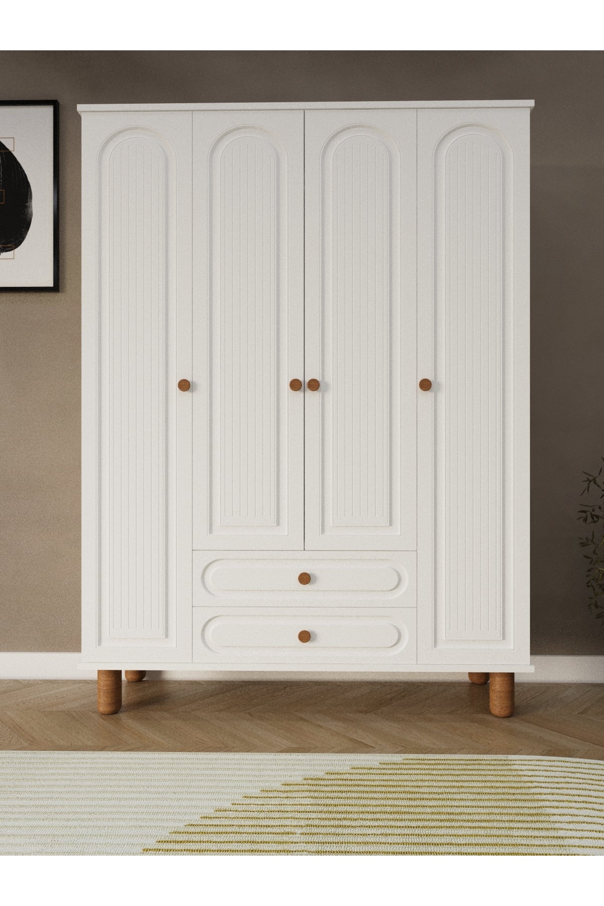 Umon Design Bohem 4 Kapaklı 2 Çekmeceli Askılı Gardırop Geniş Elbise Dolabı MDF KAPAK - Beyaz