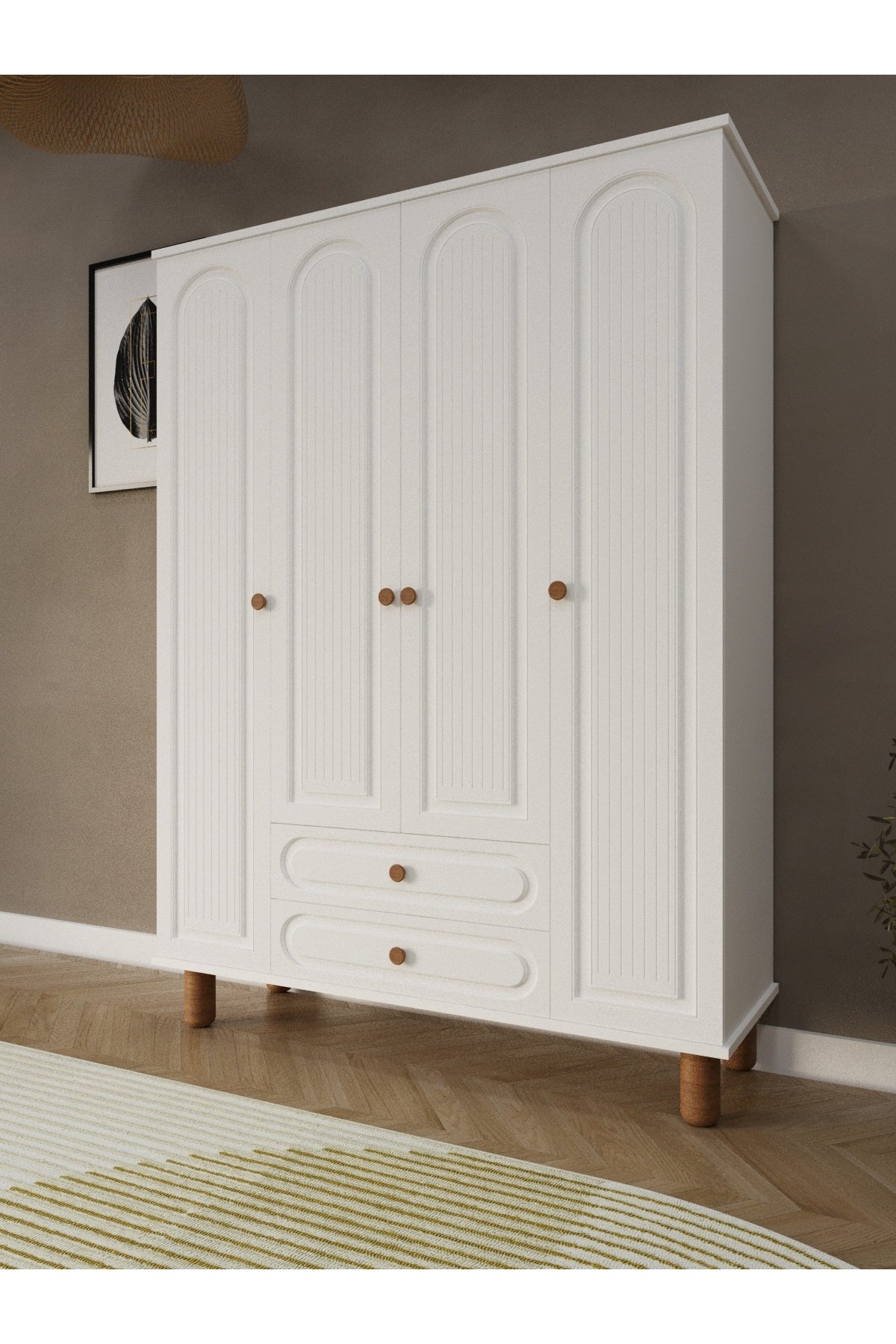 Umon Design Bohem 4 Kapaklı 2 Çekmeceli Askılı Gardırop Geniş Elbise Dolabı MDF KAPAK - Beyaz