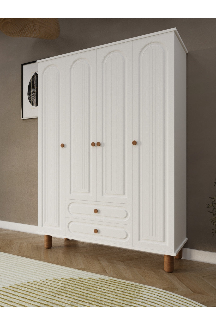 Umon Design Bohem 4 Kapaklı 2 Çekmeceli Askılı Gardırop Geniş Elbise Dolabı MDF KAPAK - Beyaz