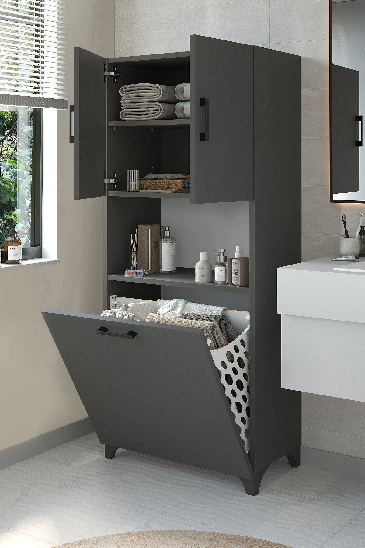 Çok Amaçlı Dolap Banyo Dolabı Kirli Çamaşır Sepeti Dolabı Damla - Antrasit