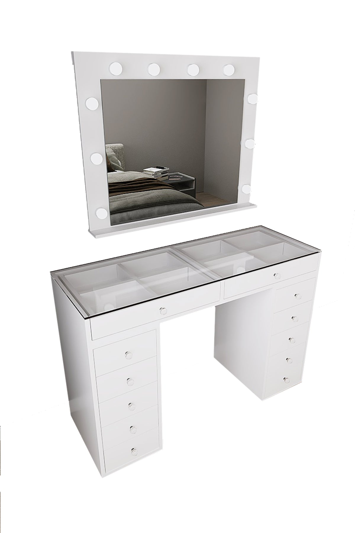 DF02115B Spot Işıklı 120 Cm Makyaj Masası, 12 Çekmeceli, Bölmeli, Aynalı, Yatak Odası Düzenleyici - Beyaz