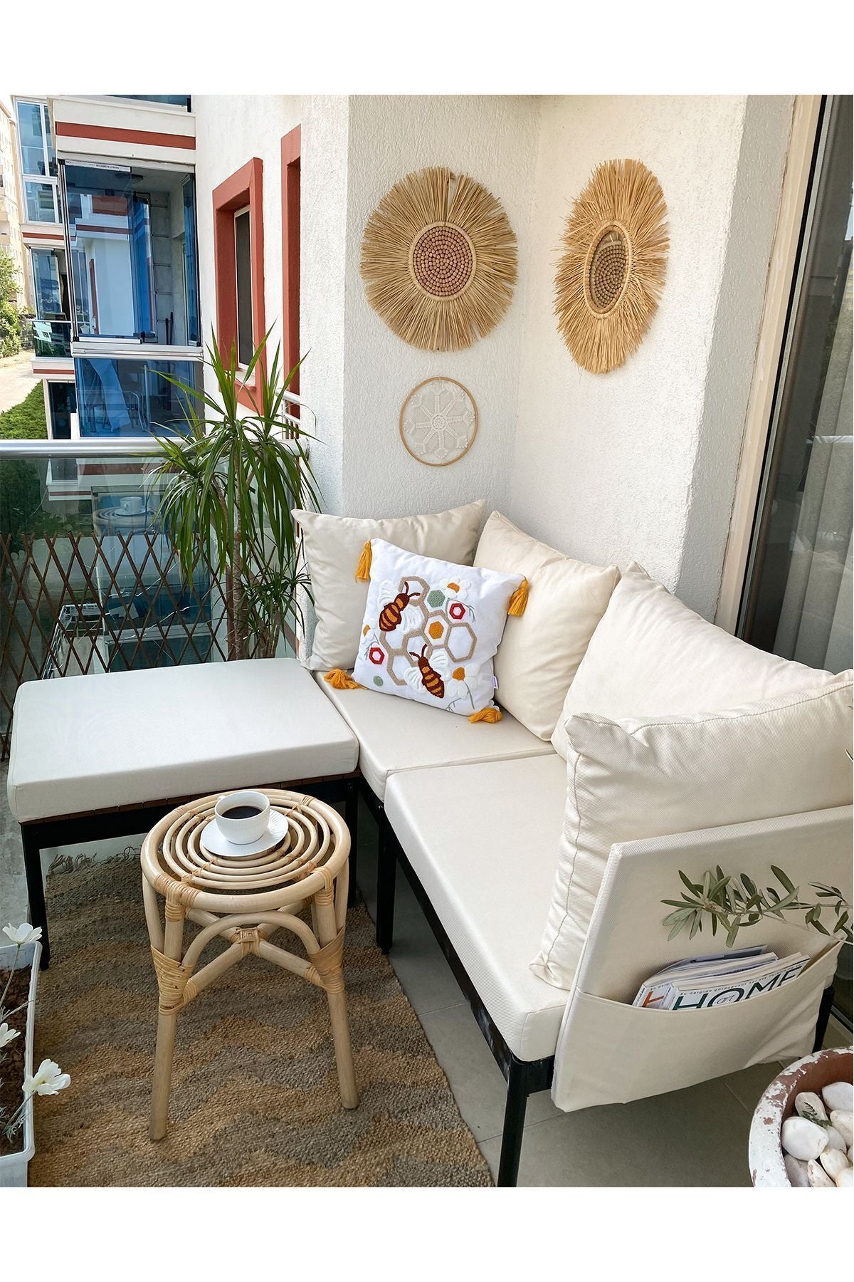 Mini Multilounge Bahçe Balkon Mobilyasi, Şezlong, Krem - Krem
