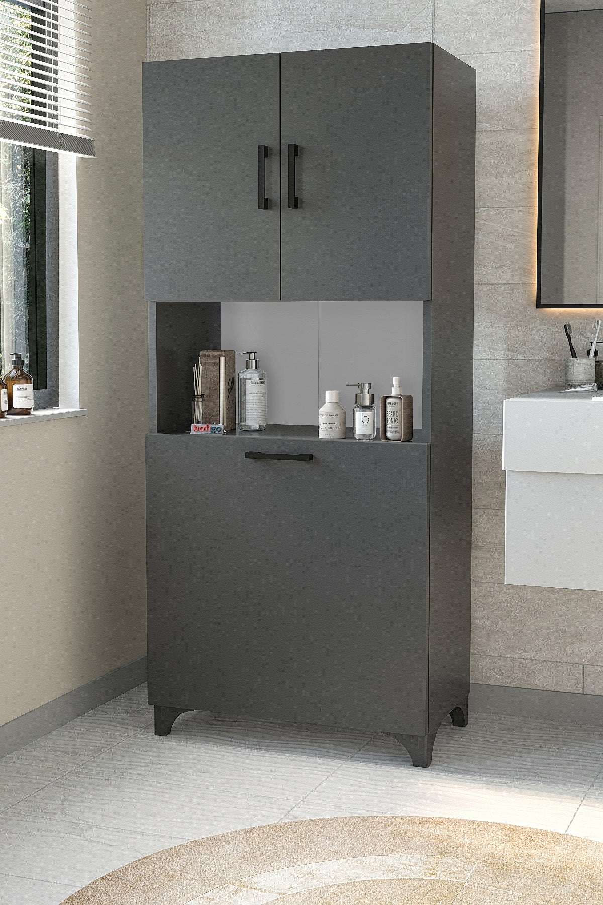 Çok Amaçlı Dolap Banyo Dolabı Kirli Çamaşır Sepeti Dolabı Damla - Antrasit
