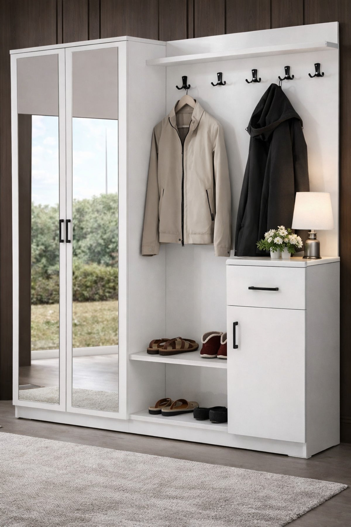 Flora 2 (İKİ) Kapılı Beyaz Aynalı Elbise Askılığı Kapaklı Vestiyer, Portmanto, Ayakkabılık - Beyaz