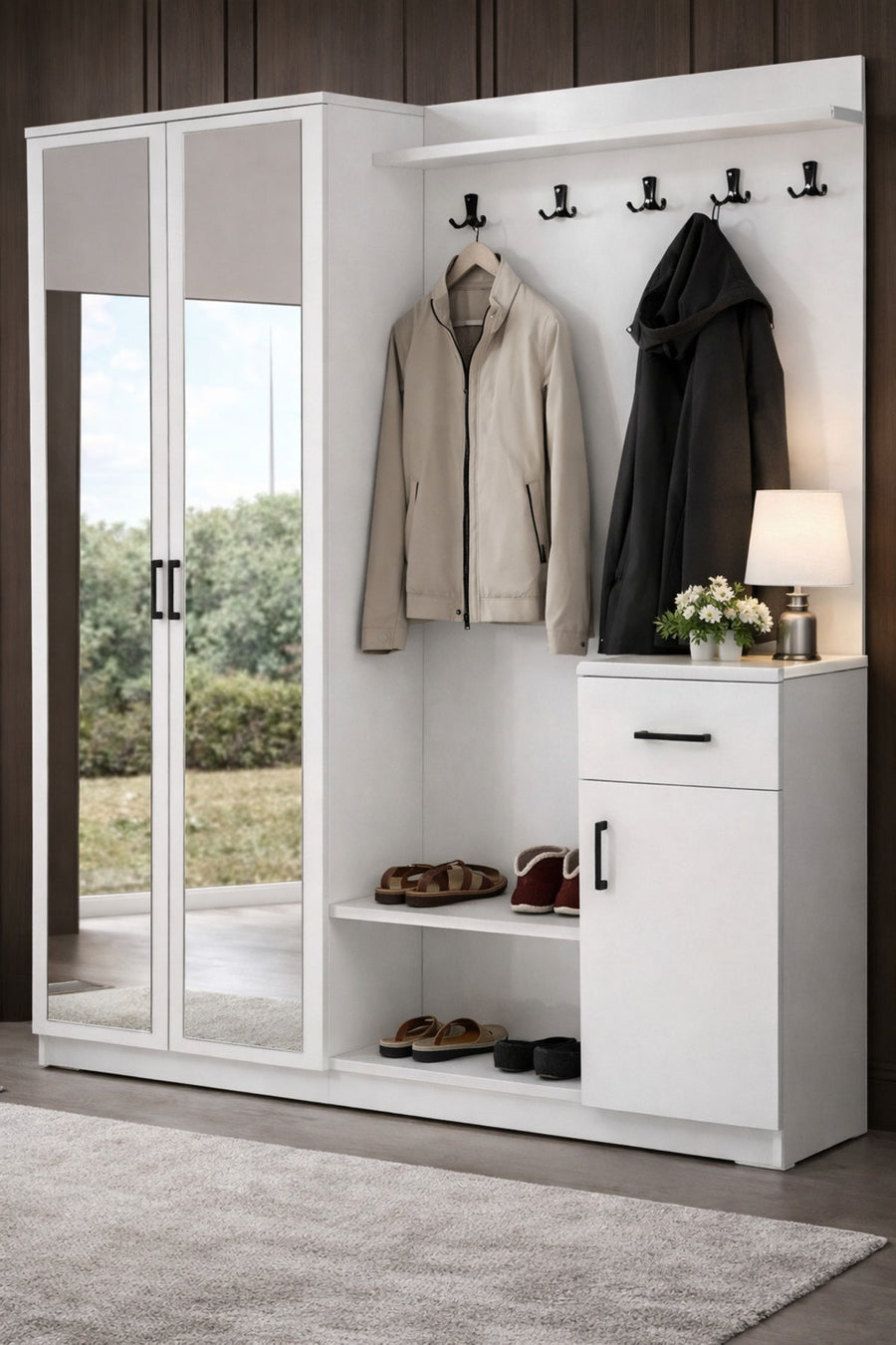 Flora 2 (İKİ) Kapılı Beyaz Aynalı Elbise Askılığı Kapaklı Vestiyer, Portmanto, Ayakkabılık - Beyaz
