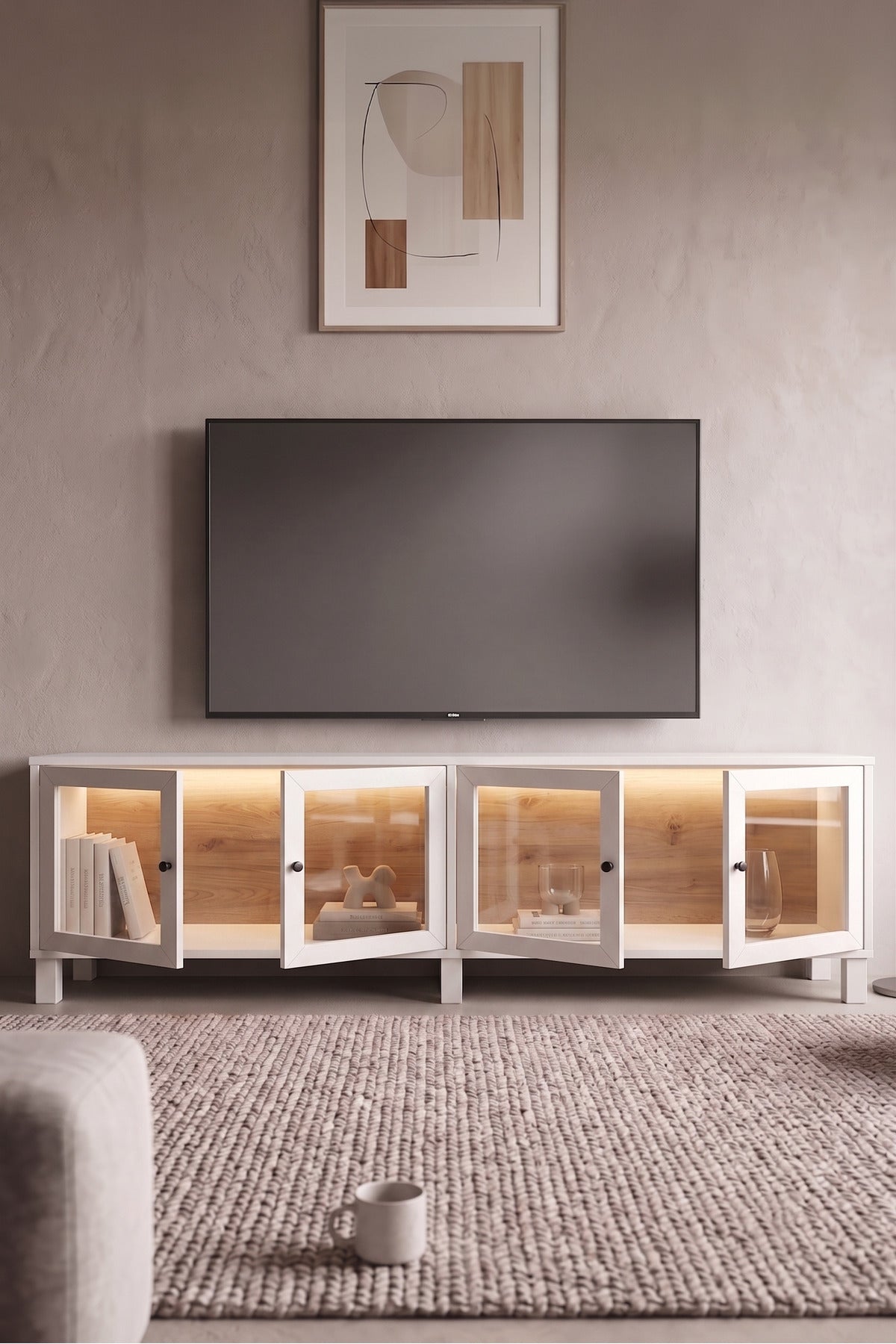 Yoda Temperli Cam Kapaklı Neon Led Işıklı Tv Ünitesi Tv Sehpası Vitrin Ahşap Ayaklı Sepet-Beyaz YD14-SW - Beyaz-Kahverengi