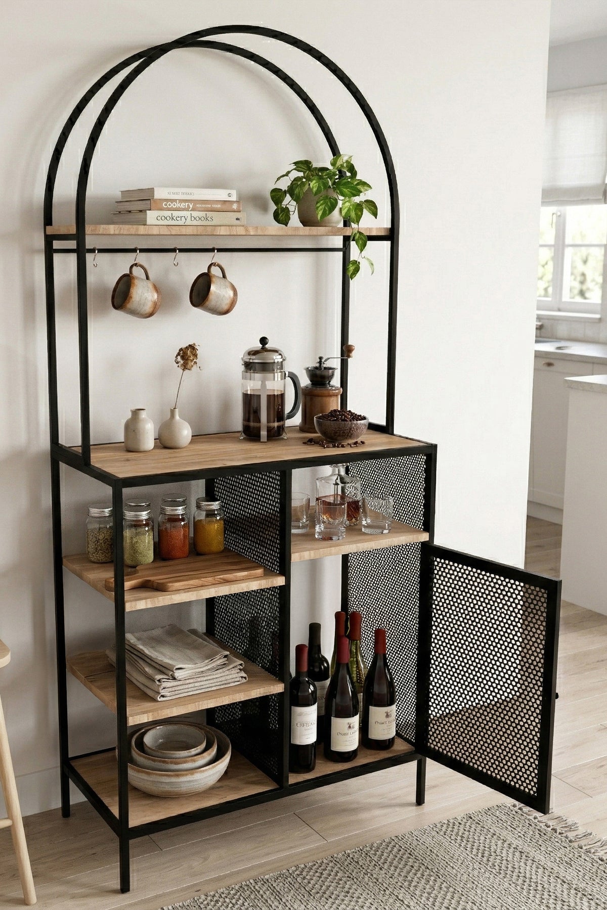 Capella Kahve Köşesi Standı & Çok Amaçlı Mutfak Dolabı- Tel Kapaklı Mint Yeşili (80x180cm) - Siyah-Atlantik