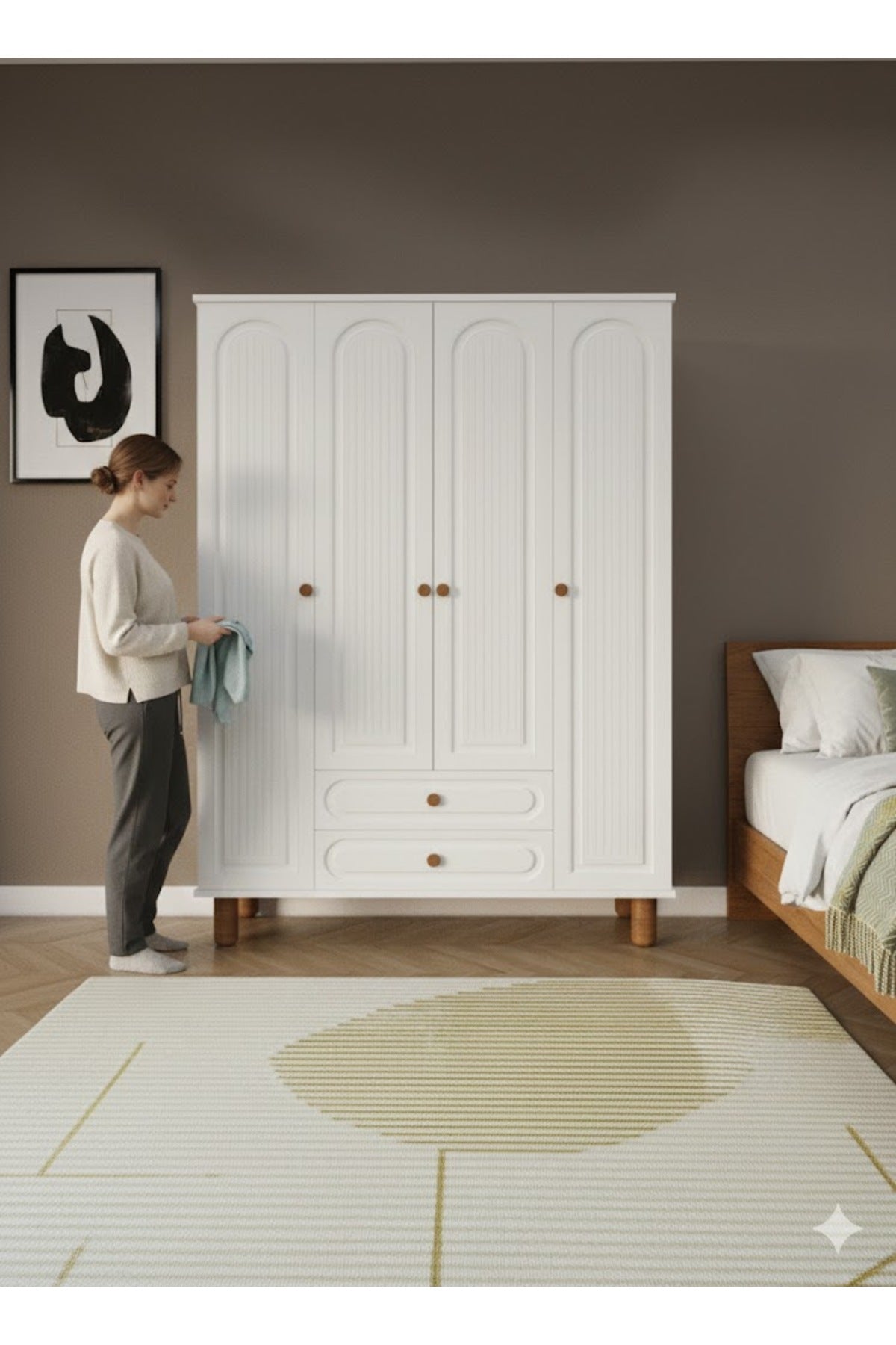 Umon Design Bohem 4 Kapaklı 2 Çekmeceli Askılı Gardırop Geniş Elbise Dolabı MDF KAPAK - Beyaz