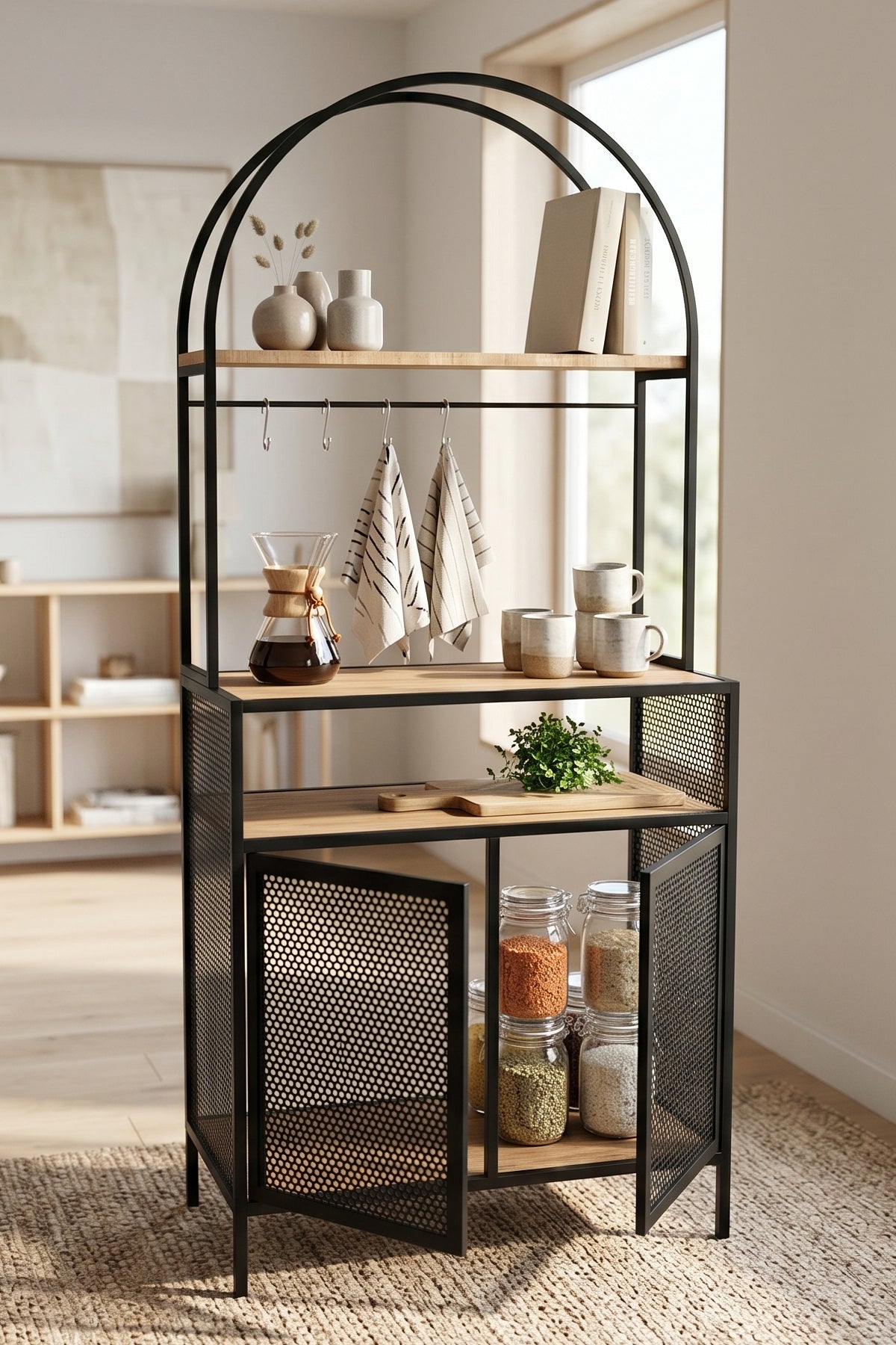 Capella Kahve Köşesi Standı & Çok Amaçlı Mutfak Dolabı- Tel Kapaklı Mint Yeşili (80x180cm) - Siyah