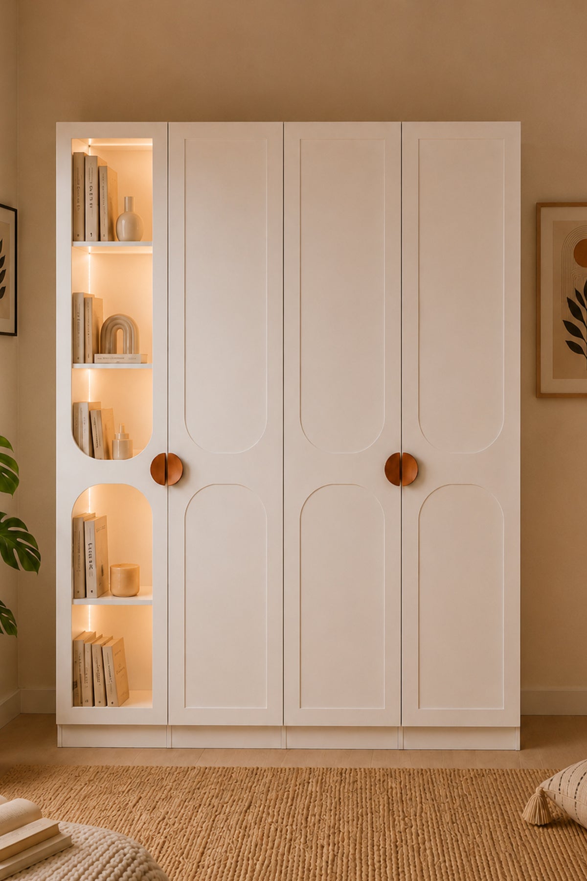 Gardırop, Sardes Kitaplıklı Led Aydınlatmalı 4 Kapılı Dolap - Beyaz