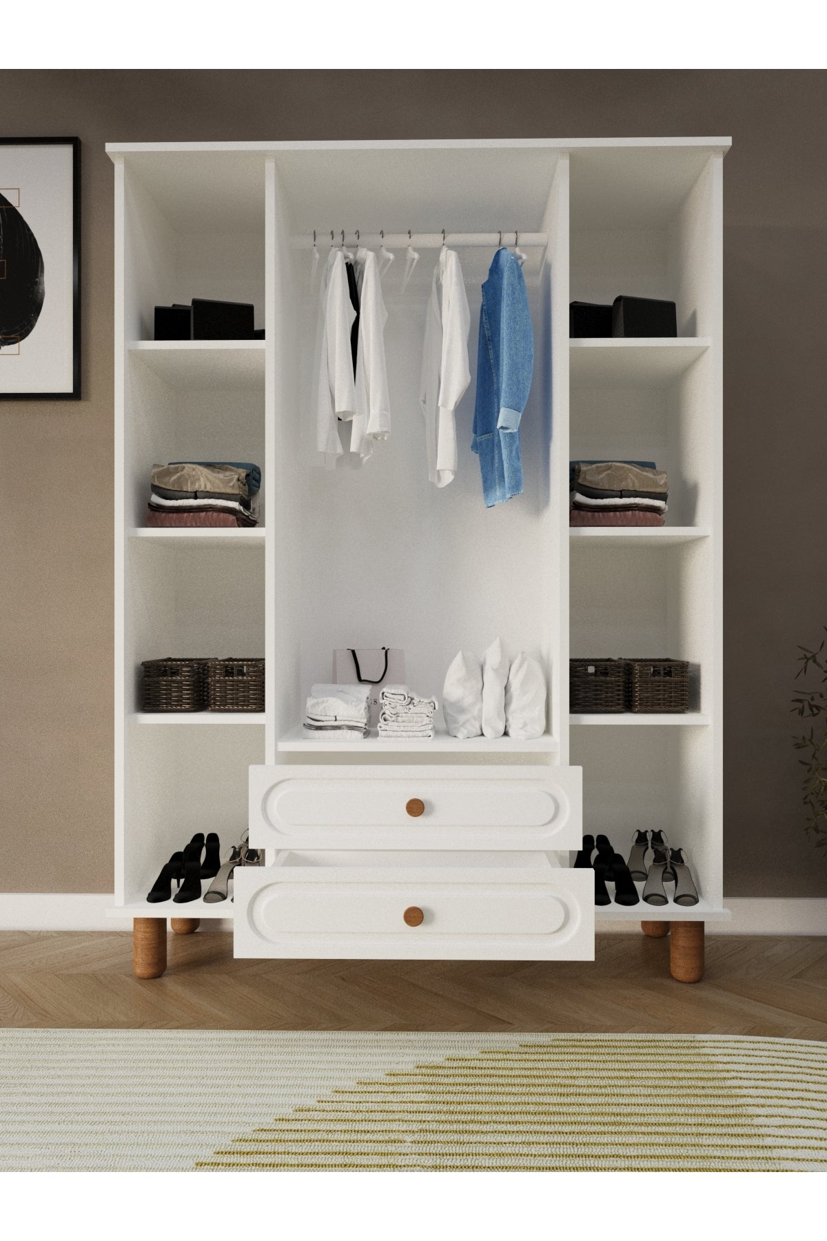 Umon Design Bohem 4 Kapaklı 2 Çekmeceli Askılı Gardırop Geniş Elbise Dolabı MDF KAPAK - Beyaz