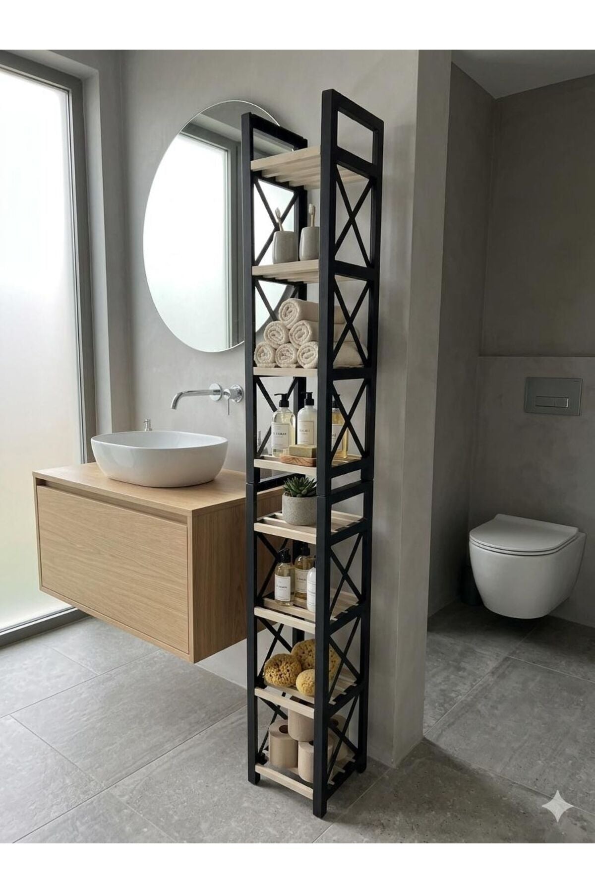 DARROW DEKORATİF 8 KAT AHŞAP RAFLI BANYO RAFI - Siyah
