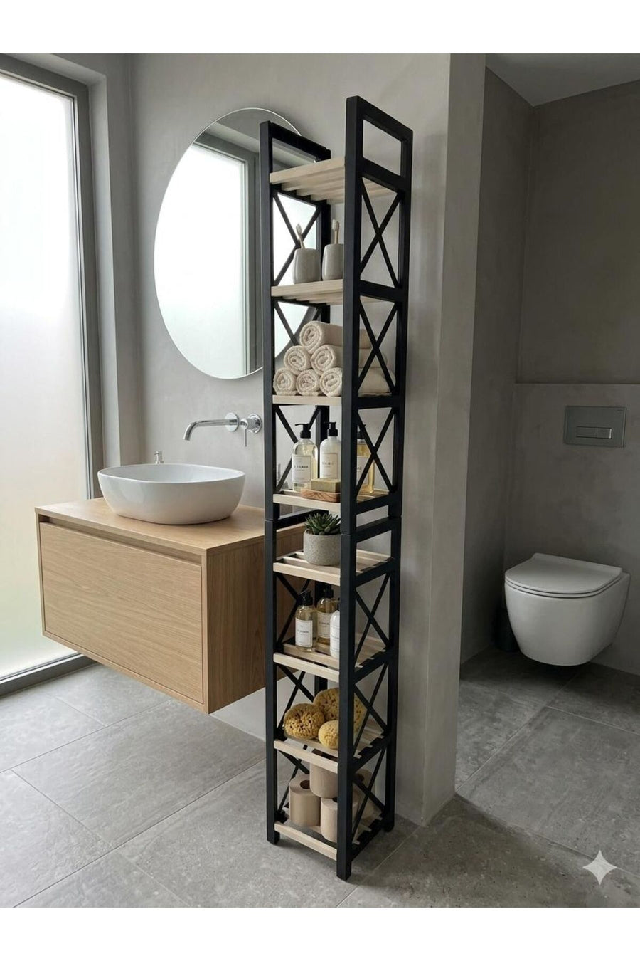 DARROW DEKORATİF 8 KAT AHŞAP RAFLI BANYO RAFI - Siyah