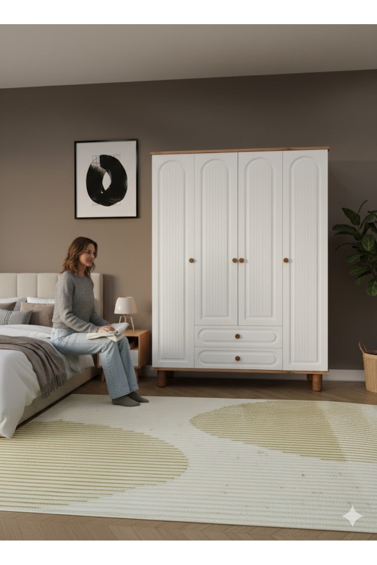 Umon Design Bohem 4 Kapaklı 2 Çekmeceli Askılı Gardırop Geniş Elbise Dolabı MDF KAPAK - Çam Beyaz