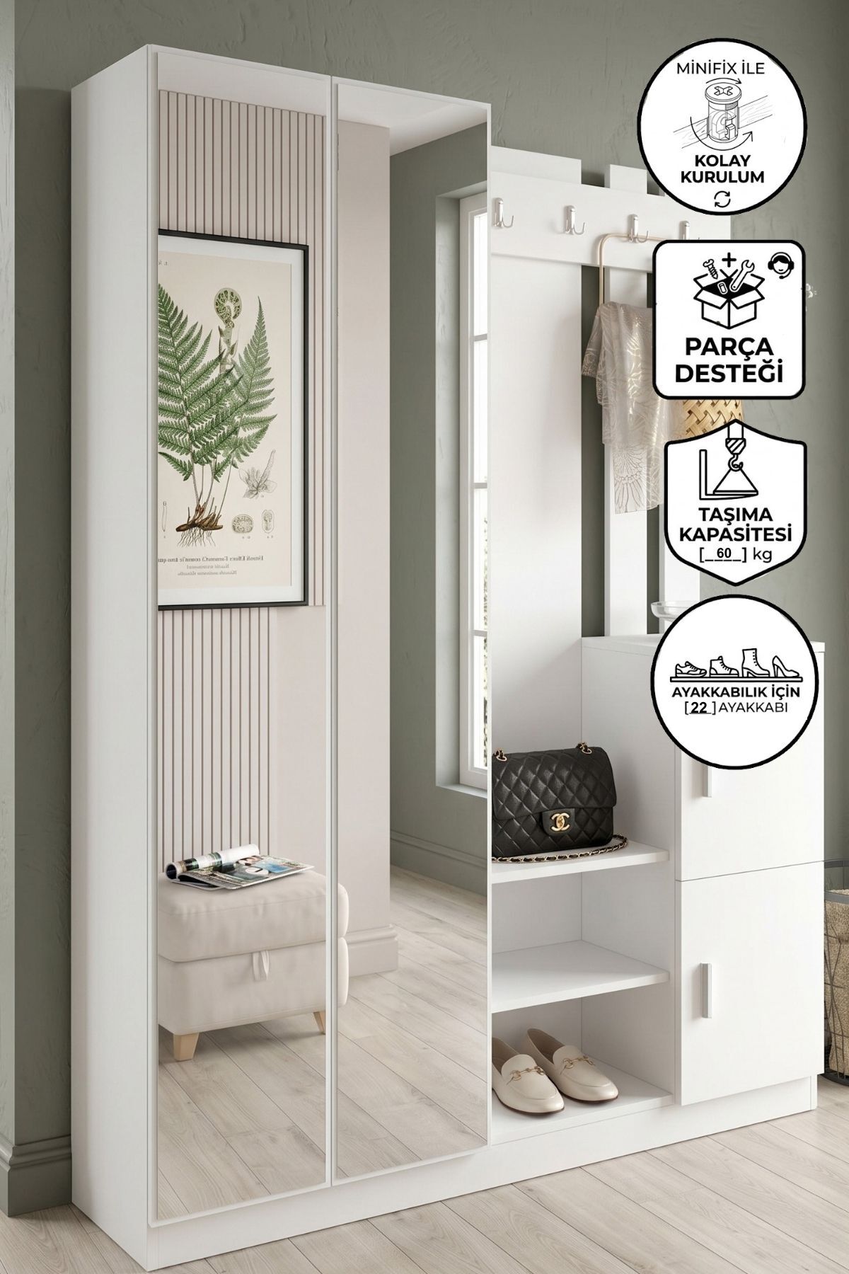Jade Vestiyer Aynalı Portmanto Ayakkabılık Raflı 4 Kapaklı Antre Çam Antrasit JAD8-AA - Beyaz