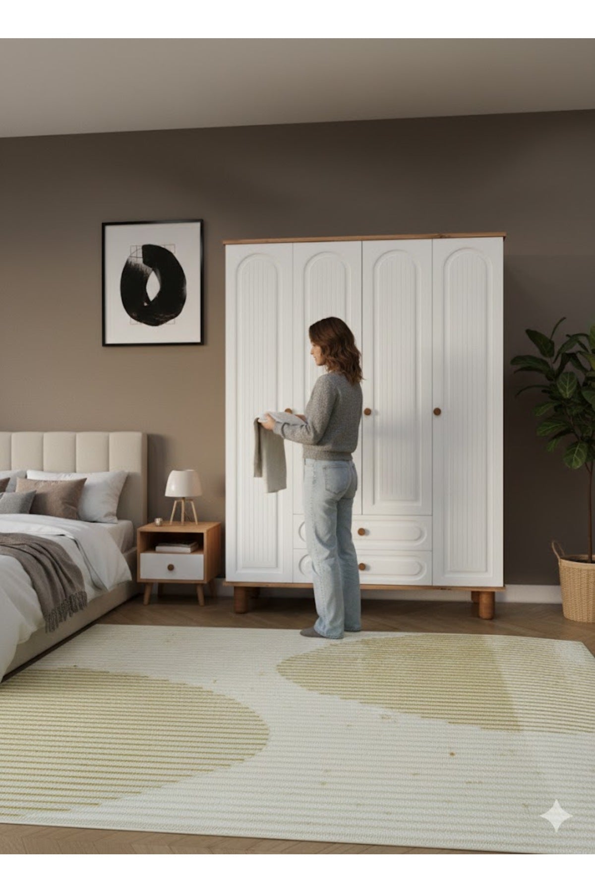 Umon Design Bohem 4 Kapaklı 2 Çekmeceli Askılı Gardırop Geniş Elbise Dolabı MDF KAPAK - Çam Beyaz