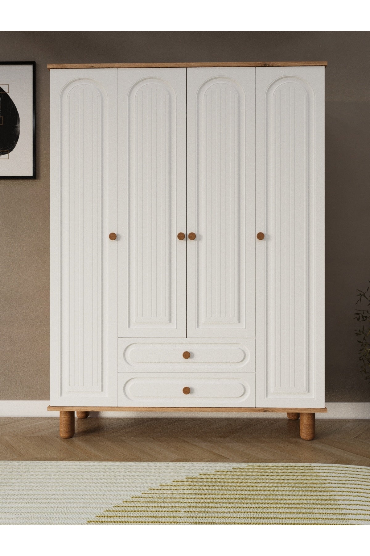 Umon Design Bohem 4 Kapaklı 2 Çekmeceli Askılı Gardırop Geniş Elbise Dolabı MDF KAPAK - Çam Beyaz