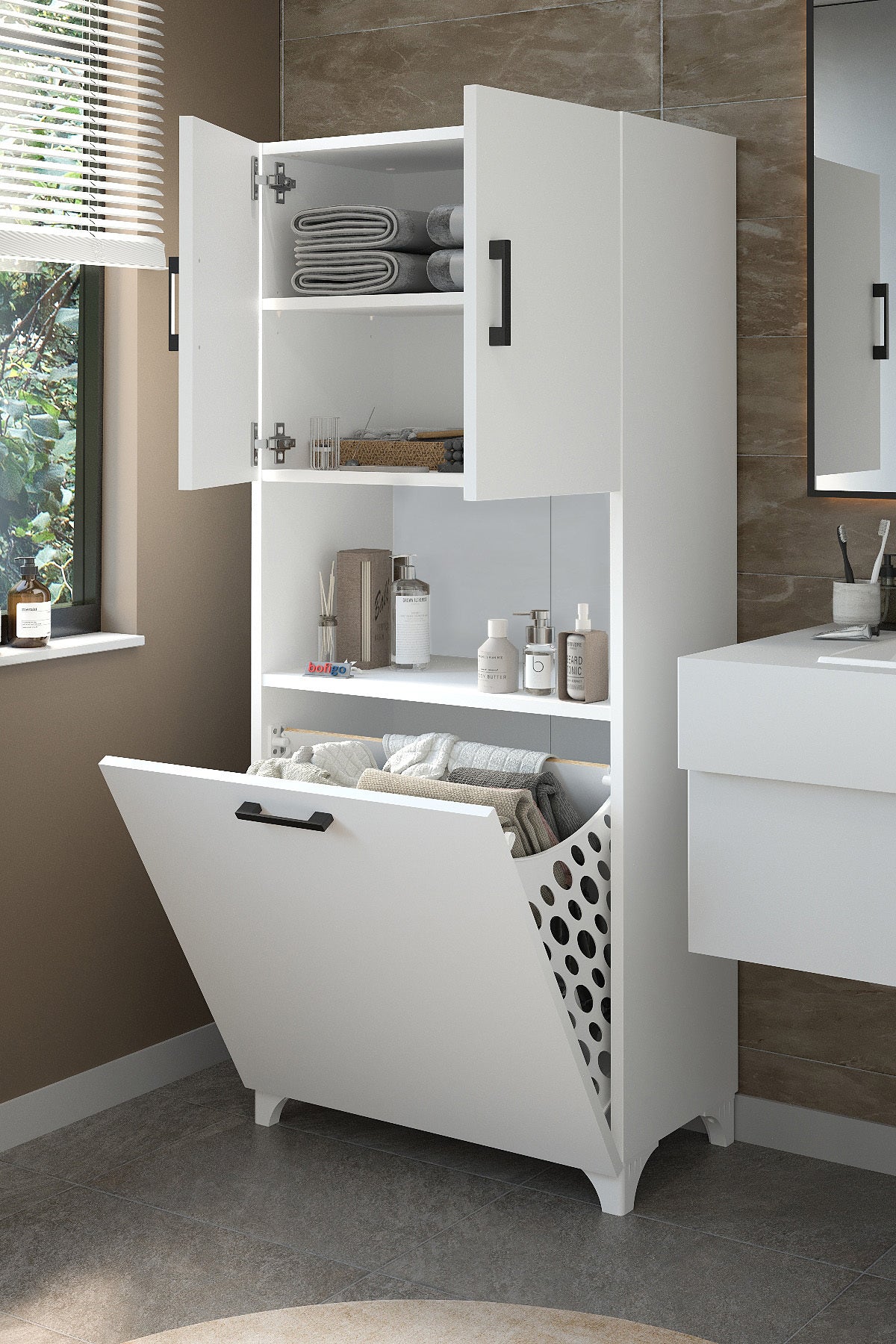 Çok Amaçlı Dolap Banyo Dolabı Kirli Çamaşır Sepeti Dolabı Damla - Beyaz