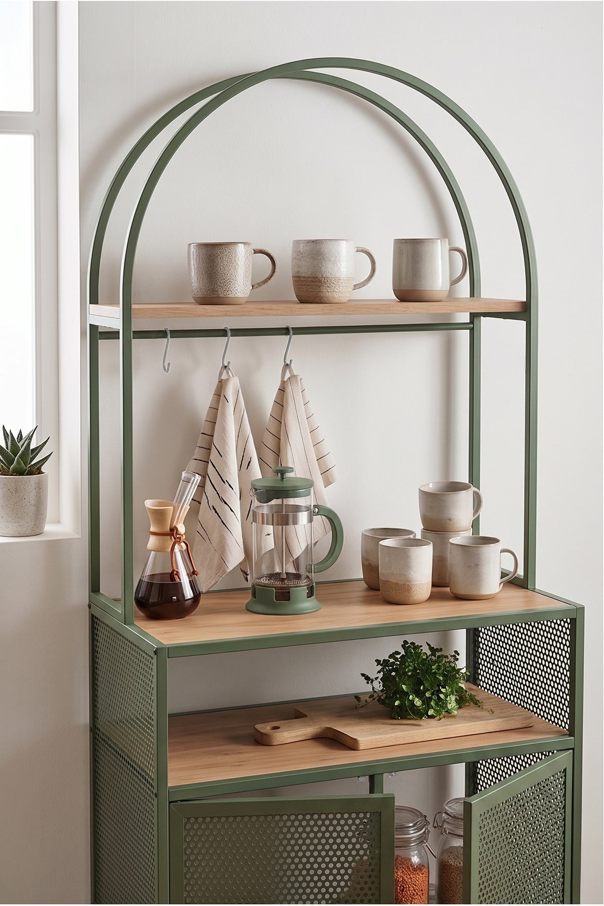 Capella Kahve Köşesi Standı & Çok Amaçlı Mutfak Dolabı- Tel Kapaklı Mint Yeşili (80x180cm) - Mint Yeşili
