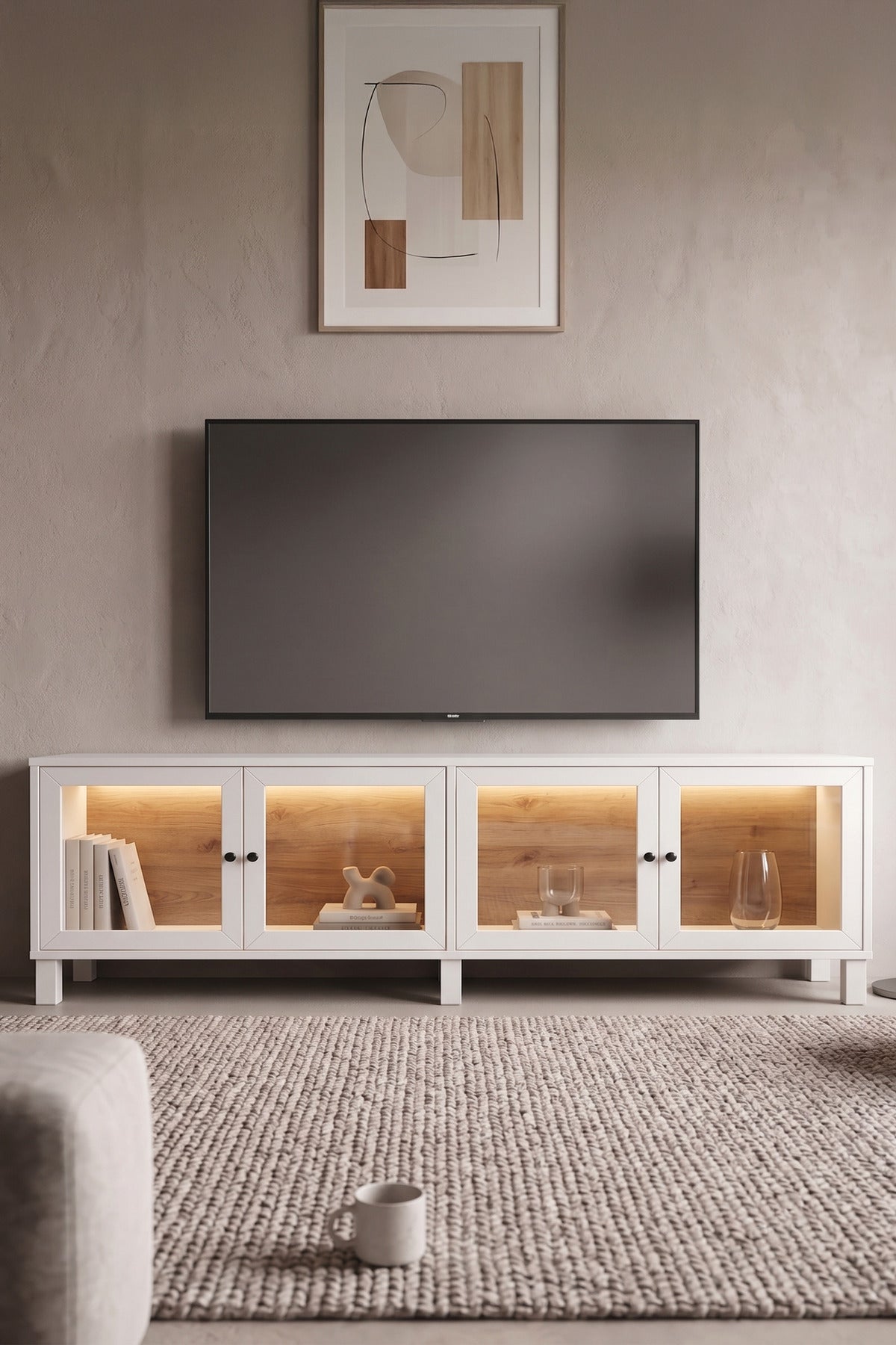 Yoda Temperli Cam Kapaklı Neon Led Işıklı Tv Ünitesi Tv Sehpası Vitrin Ahşap Ayaklı Sepet-Beyaz YD14-SW - Beyaz-Kahverengi