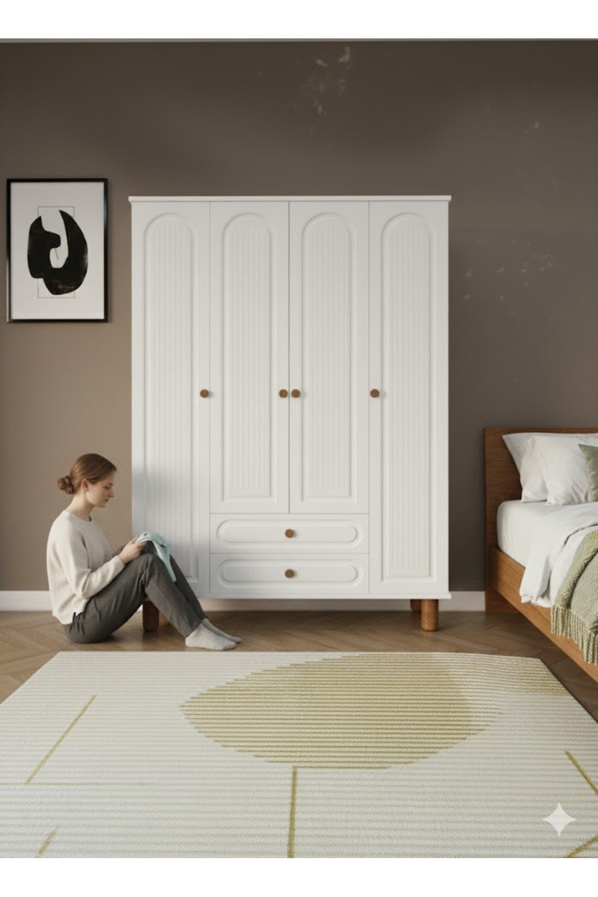 Umon Design Bohem 4 Kapaklı 2 Çekmeceli Askılı Gardırop Geniş Elbise Dolabı MDF KAPAK - Beyaz