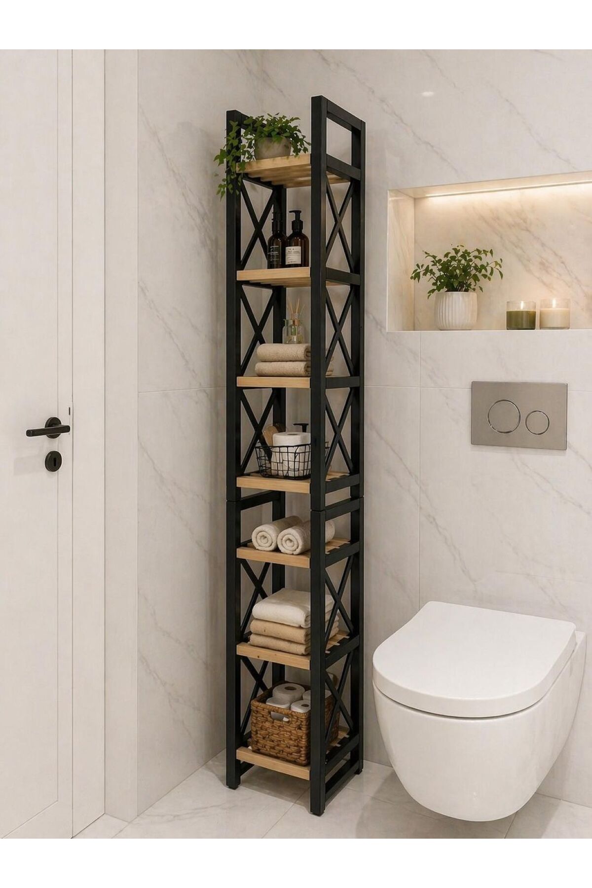 DARROW DEKORATİF 8 KAT AHŞAP RAFLI BANYO RAFI - Siyah