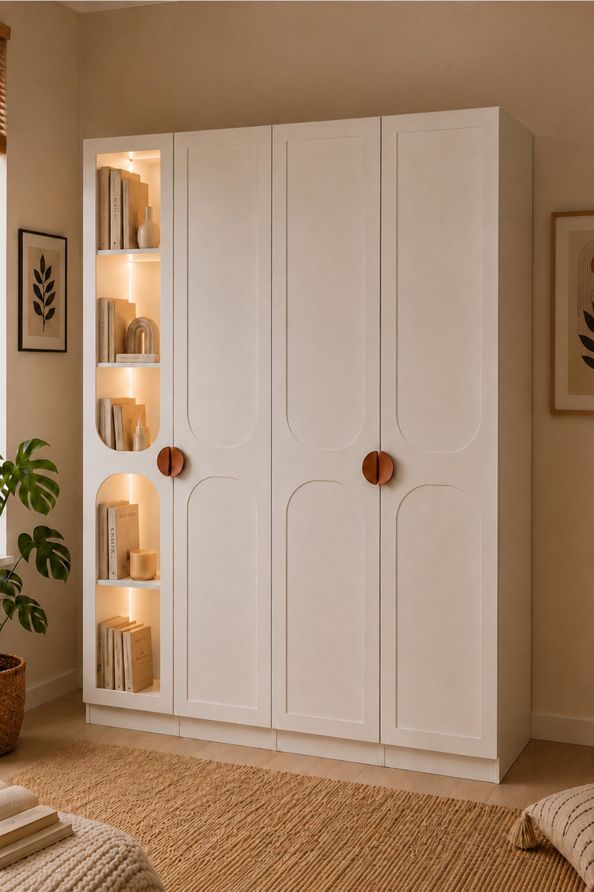 Gardırop, Sardes Kitaplıklı Led Aydınlatmalı 4 Kapılı Dolap - Beyaz