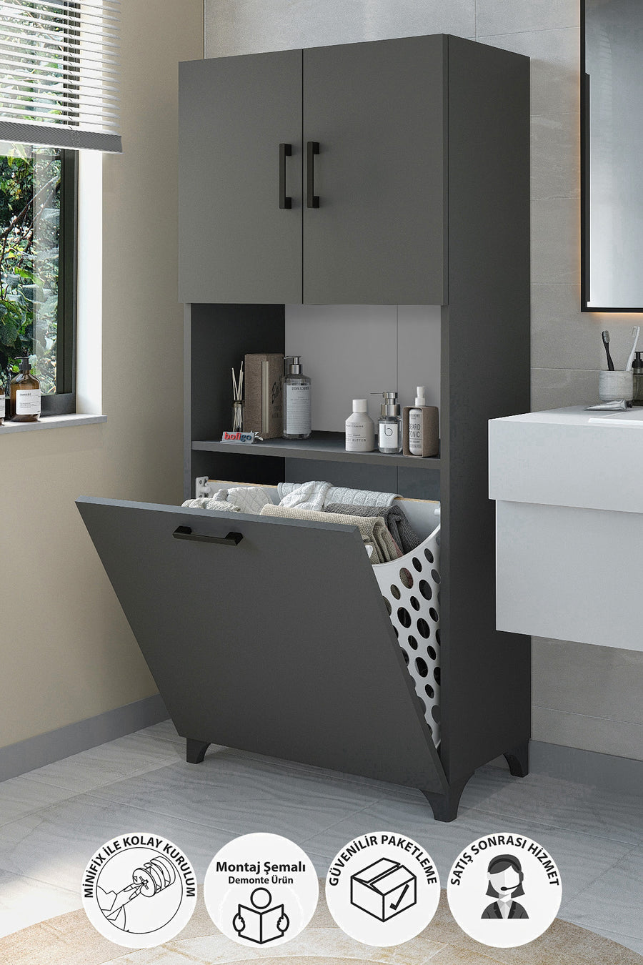 Çok Amaçlı Dolap Banyo Dolabı Kirli Çamaşır Sepeti Dolabı Damla - Antrasit