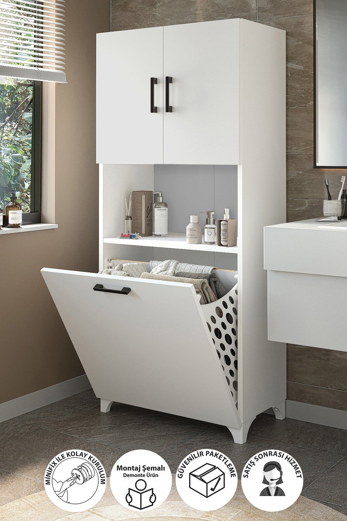 Çok Amaçlı Dolap Banyo Dolabı Kirli Çamaşır Sepeti Dolabı Damla - Beyaz