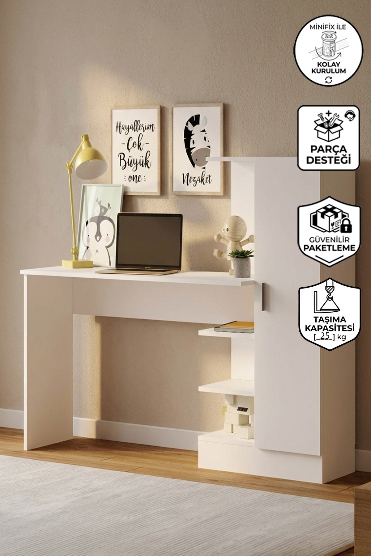 Wose Kitaplıklı Çalışma Masası, Raflı Dolaplı Atlantik Çam Beyaz WOS2-AW - Beyaz