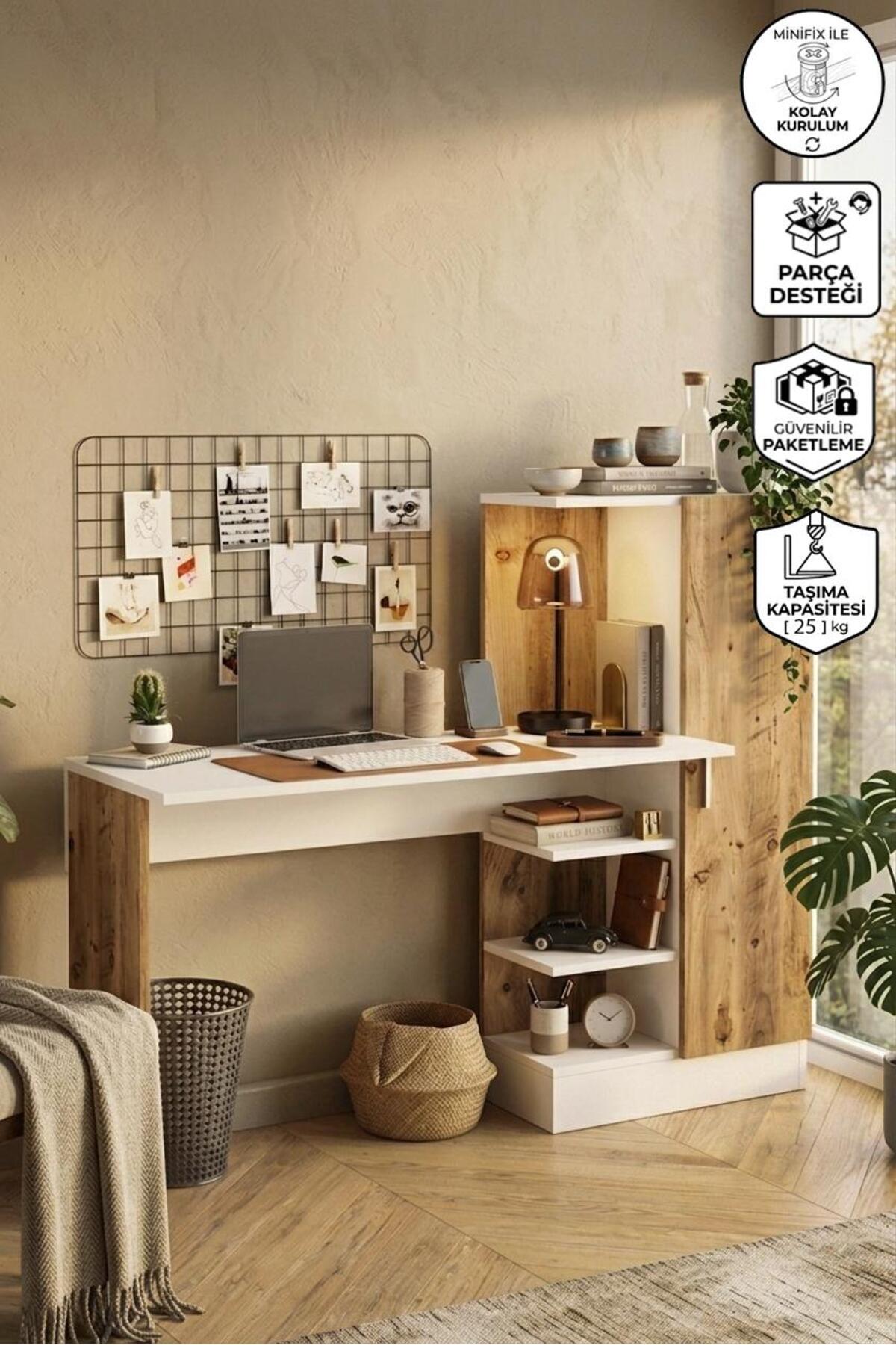Wose Kitaplıklı Çalışma Masası, Raflı Dolaplı Atlantik Çam Beyaz WOS2-AW - Çam-Beyaz