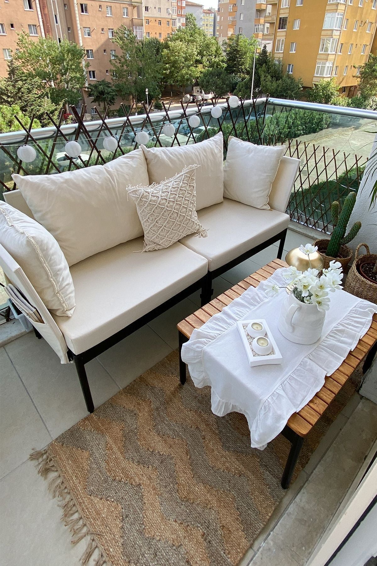 Mini Multilounge Bahçe Balkon Mobilyasi, Şezlong, Krem - Krem