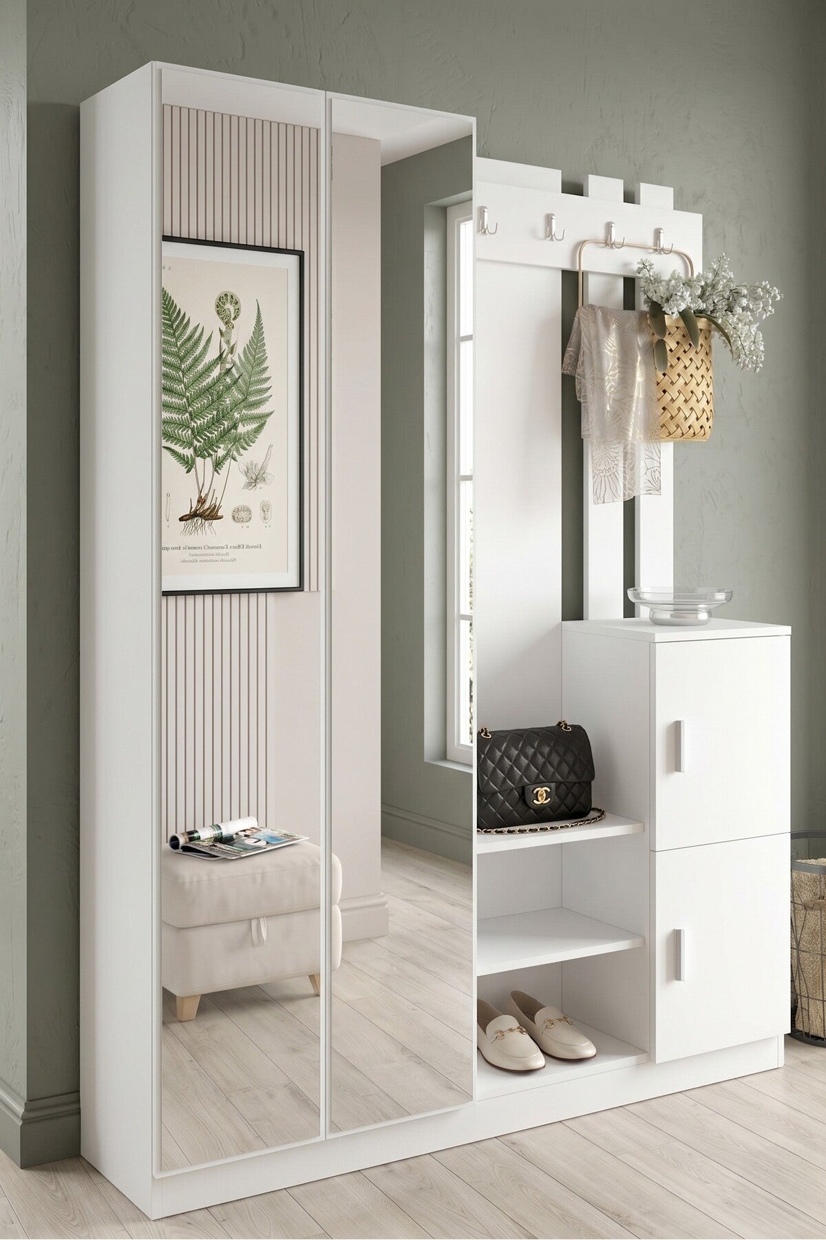 Jade Vestiyer Aynalı Portmanto Ayakkabılık Raflı 4 Kapaklı Antre Çam Antrasit JAD8-AA - Beyaz