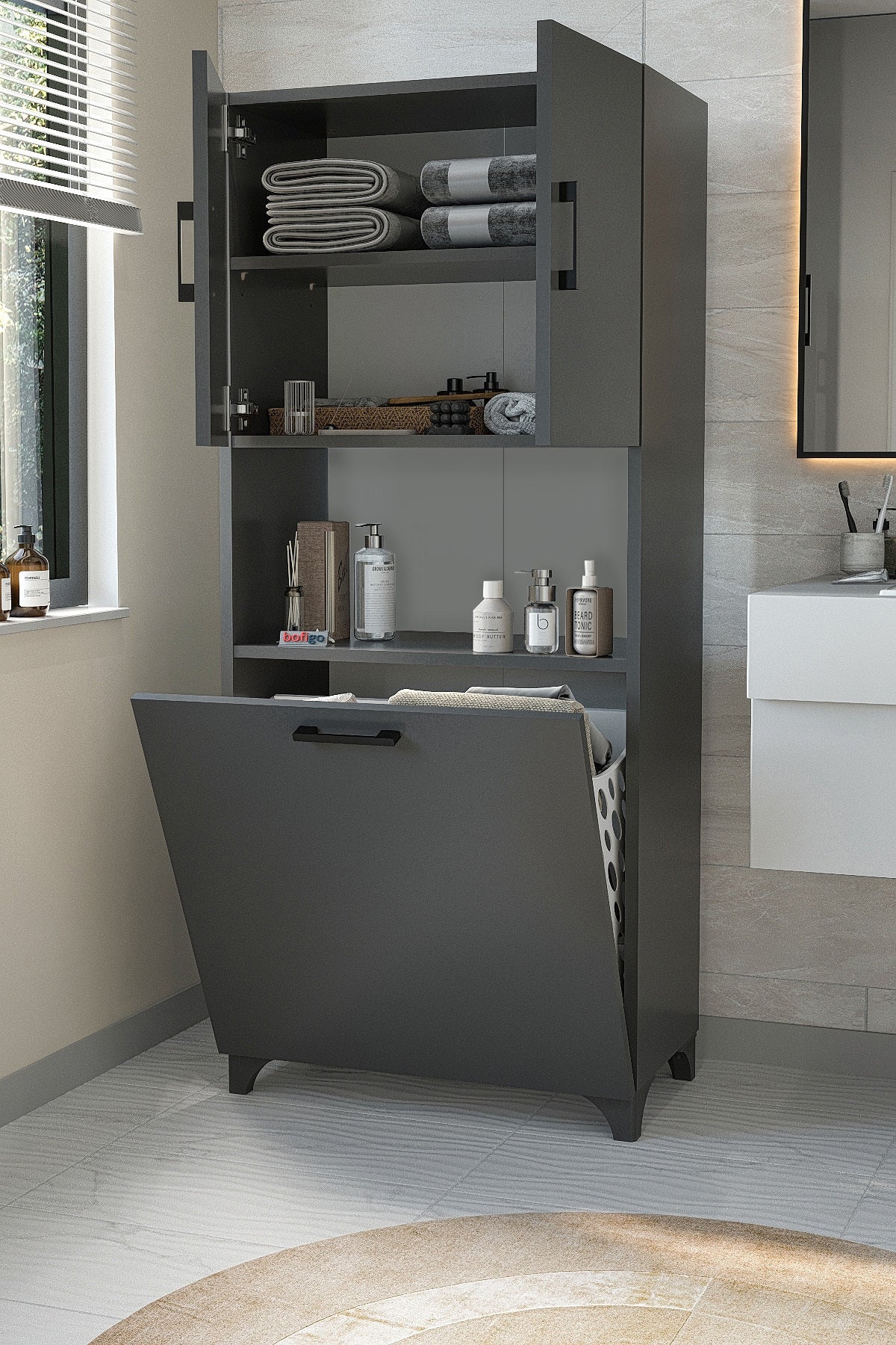 Çok Amaçlı Dolap Banyo Dolabı Kirli Çamaşır Sepeti Dolabı Damla - Antrasit