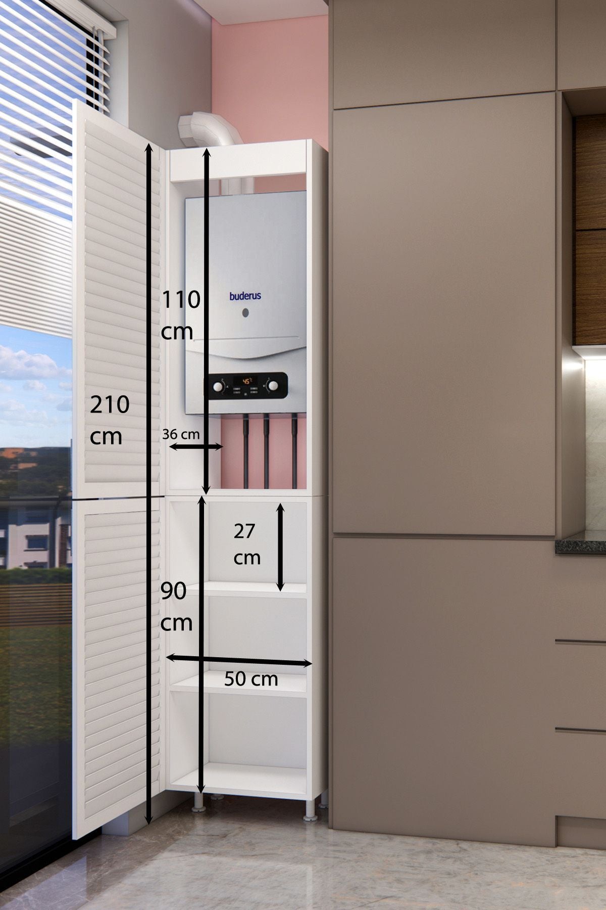 Kombi Dolabı 210 cm Panjur Kapaklı Beyaz - Beyaz