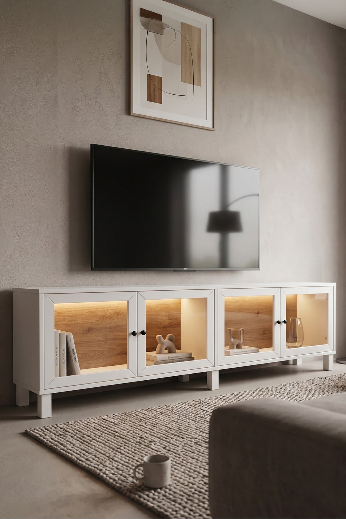 Yoda Temperli Cam Kapaklı Neon Led Işıklı Tv Ünitesi Tv Sehpası Vitrin Ahşap Ayaklı Sepet-Beyaz YD14-SW - Beyaz-Kahverengi