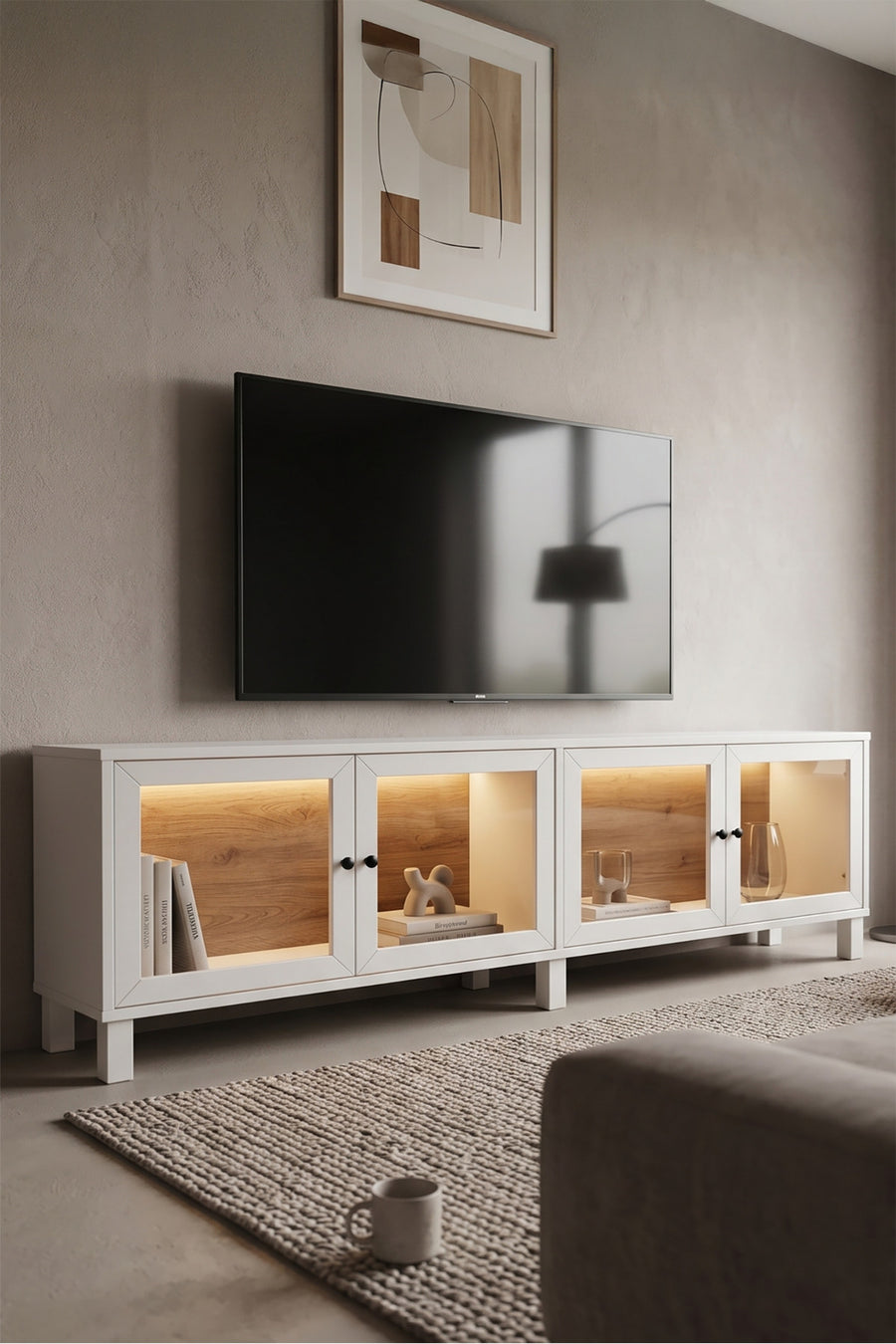 Yoda Temperli Cam Kapaklı Neon Led Işıklı Tv Ünitesi Tv Sehpası Vitrin Ahşap Ayaklı Sepet-Beyaz YD14-SW - Beyaz-Kahverengi