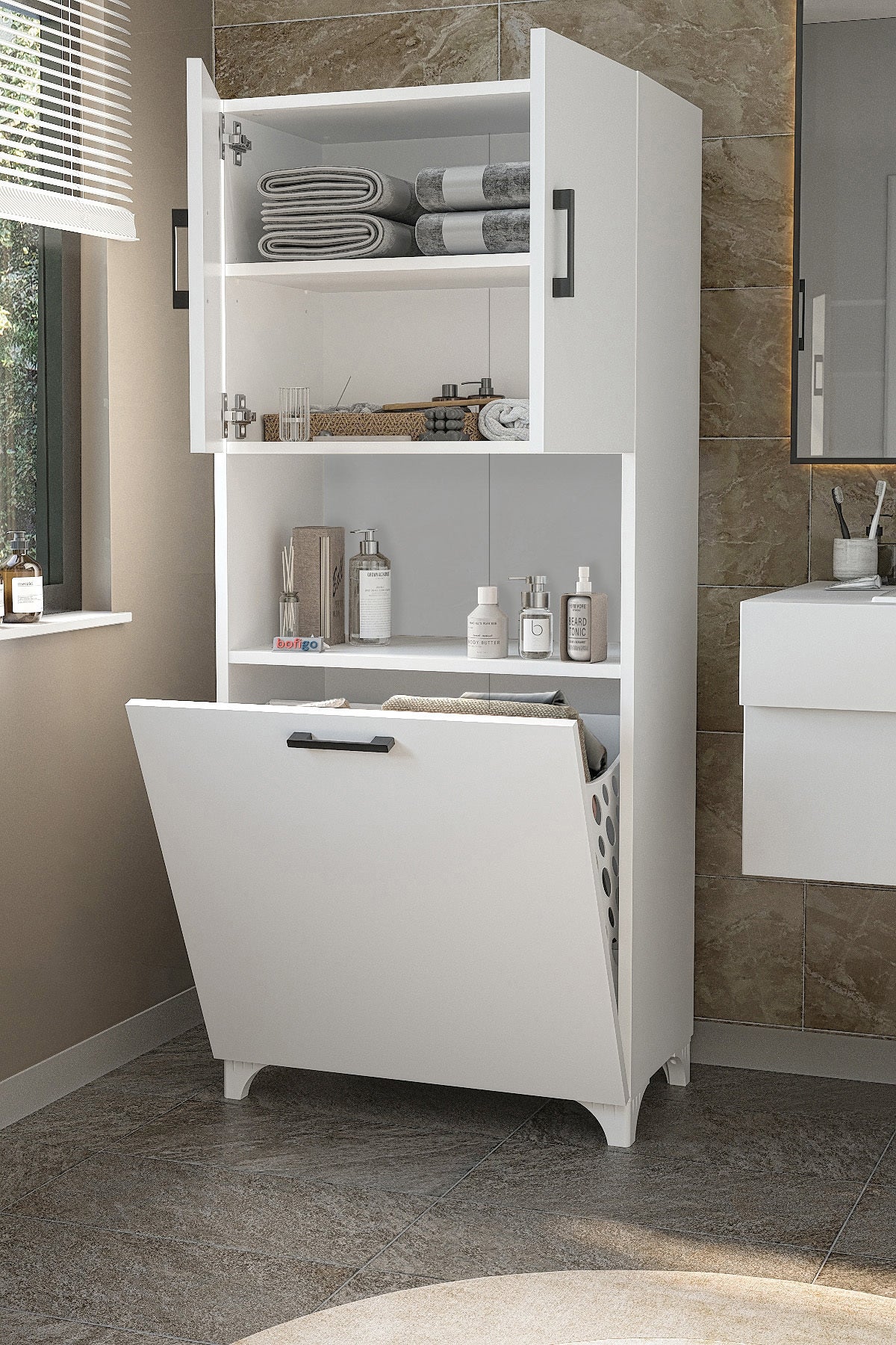 Çok Amaçlı Dolap Banyo Dolabı Kirli Çamaşır Sepeti Dolabı Damla - Beyaz